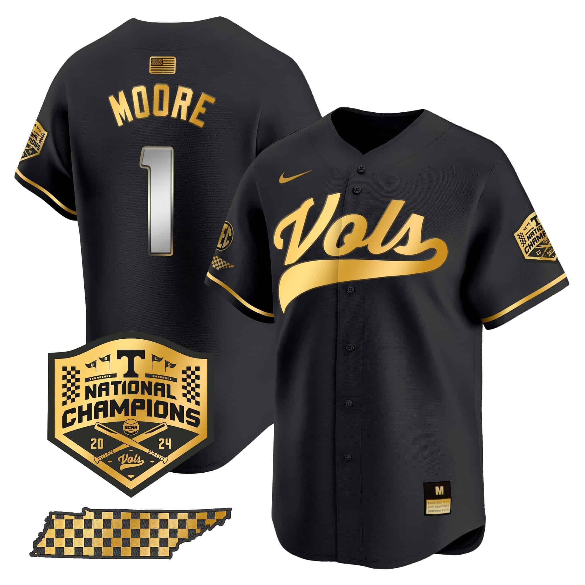 Men Tennessee Volunteers #1 Moore Black 2024 Nike Champions Vapor Premier Limited NCAA Jersey style 1